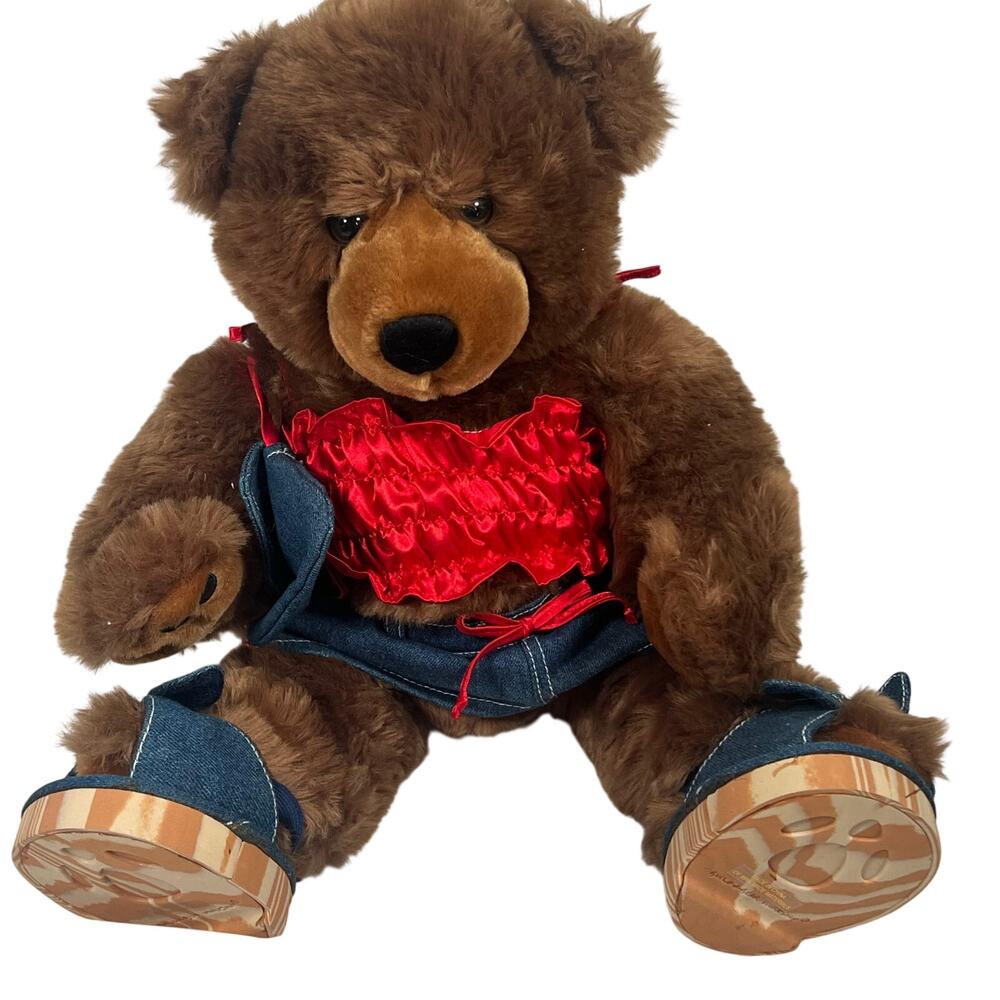 Build A Bear Brown Plush Bear Denim Skirt Purse Shoes Red Satin Top with Box